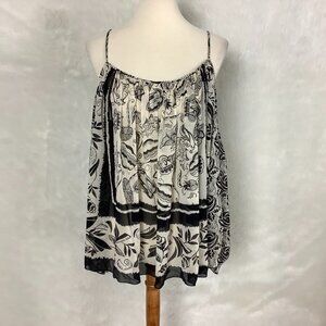 Anna Sui Cream & Black Silk Sleeveless Floral Camisole Top M